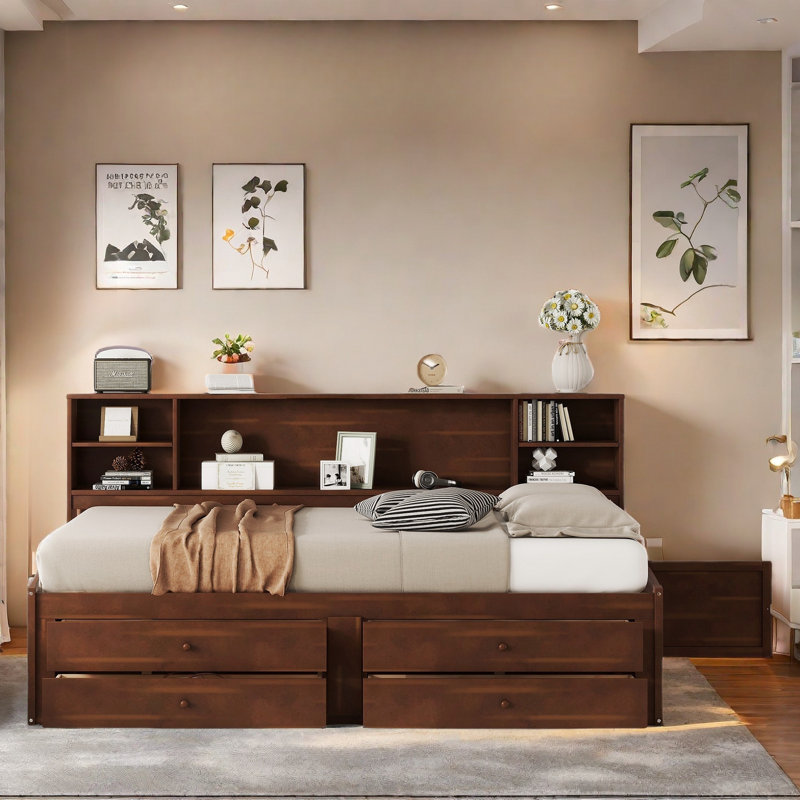 Classic Wooden Captain Bed With Built in Storage Shelves 4 Drawers And 2 Cabinets